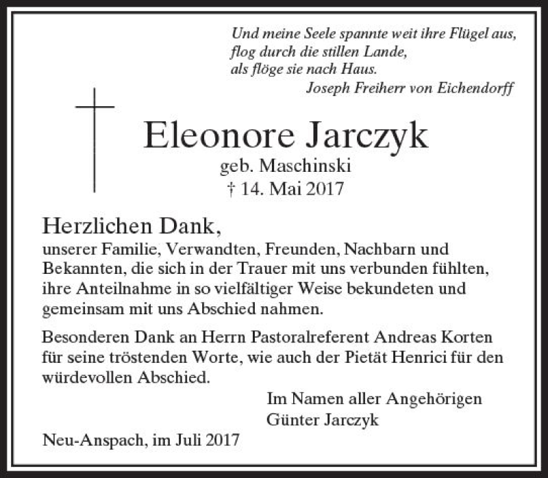  Traueranzeige für Eleonore Jarczyk vom 01.07.2017 aus  Usinger Anzeiger