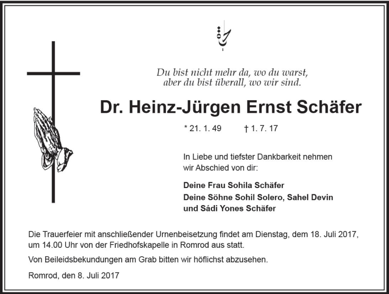  Traueranzeige für Heinz-Jürgen Ernst Schäfer vom 08.07.2017 aus VRM Trauer