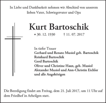 Traueranzeige von Kurt Bartoschik von Trauerportal Echo Online
