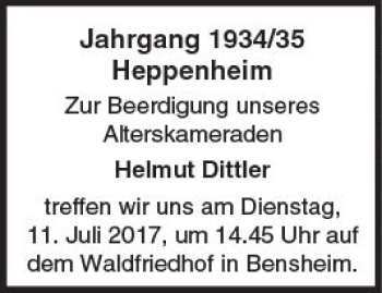 Traueranzeige von Helmut Dittler von Trauerportal Echo Online