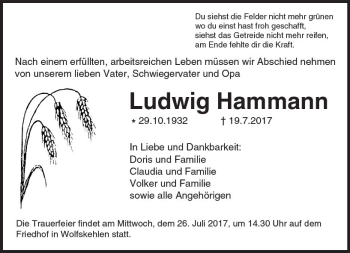 Traueranzeige von Ludwig Hammann von Trauerportal Echo Online