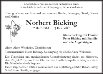 Traueranzeige von Norbert Bicking von Trauerportal Rhein Main Presse