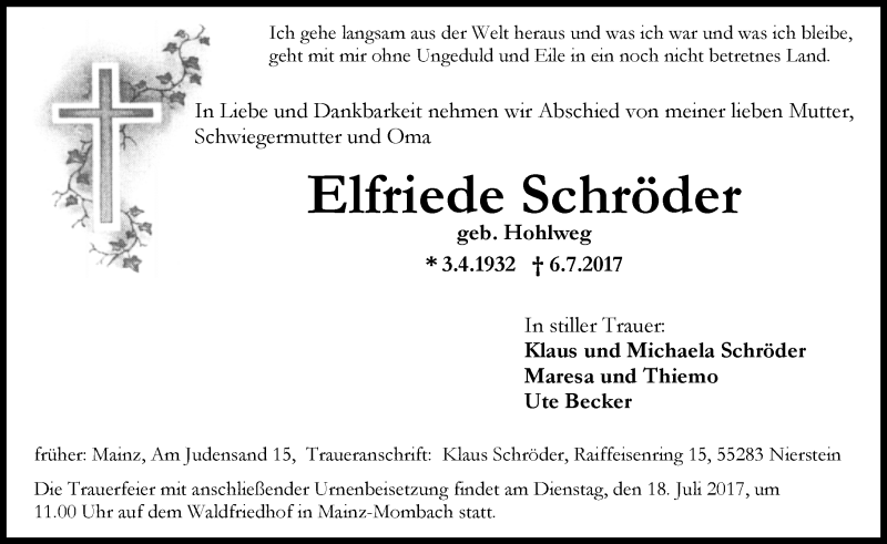 Traueranzeige für Elfriede Schröder vom 15.07.2017 aus Trauerportal Rhein Main Presse