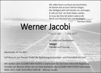 Traueranzeige von Werner Jacobi von Trauerportal Echo Online