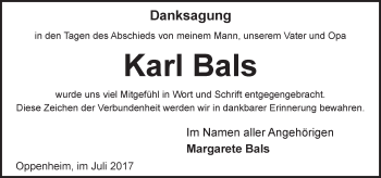 Traueranzeige von Karl Bals von Trauerportal Rhein Main Presse