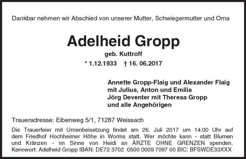  Traueranzeige für Adelheid Gropp vom 08.07.2017 aus Trauerportal Rhein Main Presse