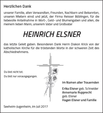 Traueranzeige von Heinrich Elsner von Trauerportal Echo Online