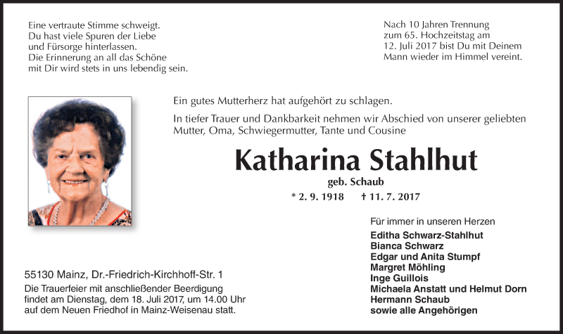  Traueranzeige für Katharina Stahlhut vom 15.07.2017 aus Trauerportal Rhein Main Presse