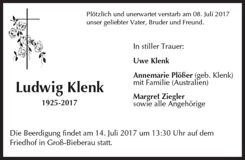  Traueranzeige für Ludwig Klenk vom 13.07.2017 aus Trauerportal Echo Online