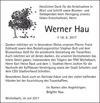 Traueranzeige von Werner Hau von  Kreisanzeiger