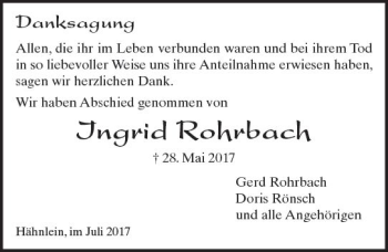 Traueranzeige von Ingrid Rohrbach von Trauerportal Echo Online