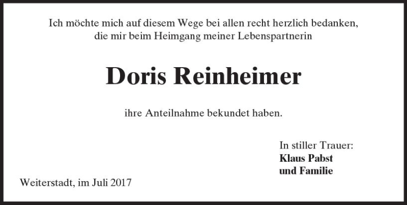  Traueranzeige für Doris Reinheimer vom 15.07.2017 aus Trauerportal Echo Online