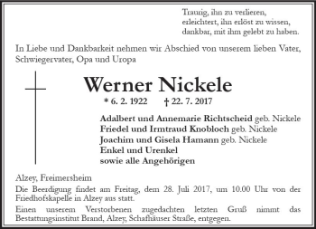 Traueranzeige von Werner Nickele von Trauerportal Rhein Main Presse