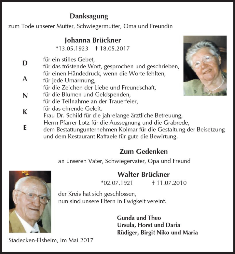  Traueranzeige für Johanna und Walter Brückner vom 01.07.2017 aus Trauerportal Rhein Main Presse