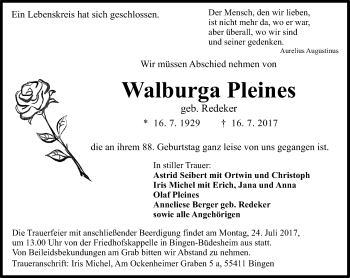 Traueranzeige von Walburga Pleines von Trauerportal Rhein Main Presse