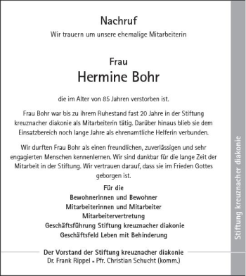 Traueranzeige von Hermine Bohr von Trauerportal Rhein Main Presse