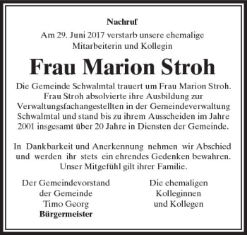 Traueranzeige von Marion Stroh von VRM Trauer