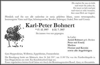 Traueranzeige von Karl-Peter Bohnert von Trauerportal Rhein Main Presse