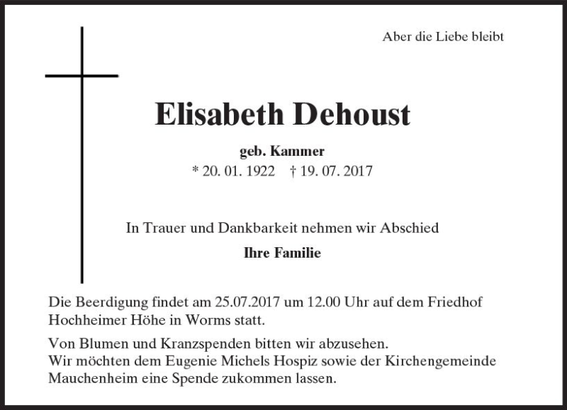  Traueranzeige für Elisabeth Dehoust vom 22.07.2017 aus Trauerportal Rhein Main Presse