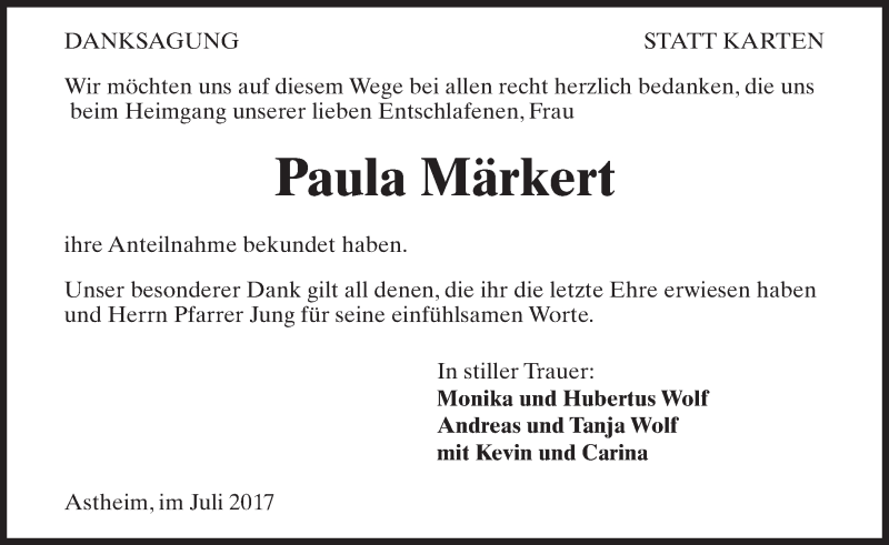  Traueranzeige für Paula Märkert vom 15.07.2017 aus Trauerportal Rhein Main Presse