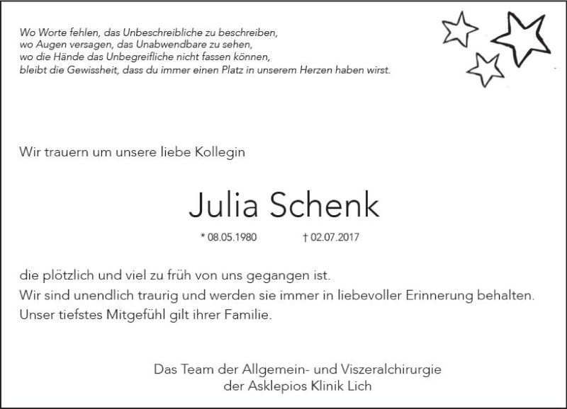  Traueranzeige für Julia Schenk vom 12.07.2017 aus  Gießener Anzeiger