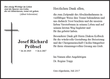Traueranzeige von Josef Richard Pröbsel von Trauerportal Rhein Main Presse
