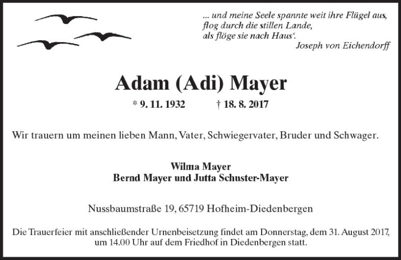  Traueranzeige für Adam Adi Mayer vom 25.08.2017 aus Trauerportal Rhein Main Presse