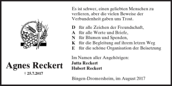 Traueranzeige von Agnes Reckert von Trauerportal Rhein Main Presse