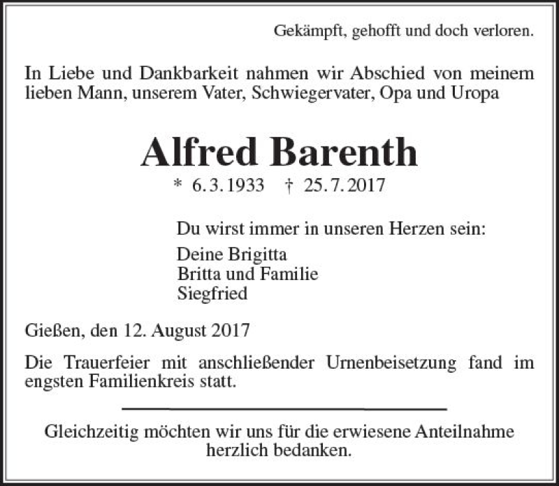  Traueranzeige für Alfred Barenth vom 12.08.2017 aus  Gießener Anzeiger