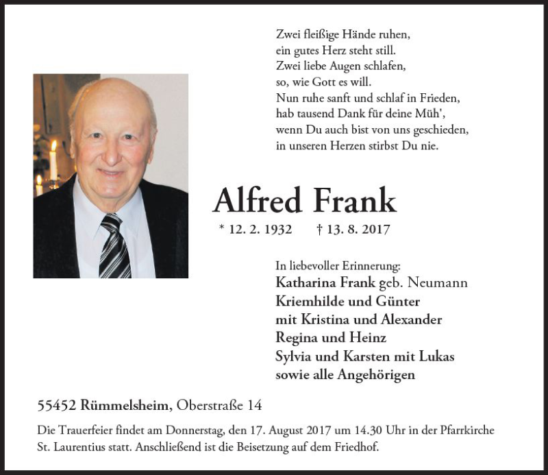 Traueranzeige für Alfred Frank vom 16.08.2017 aus Trauerportal Rhein Main Presse