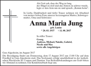 Traueranzeige von Anna Maria Jung von Trauerportal Rhein Main Presse