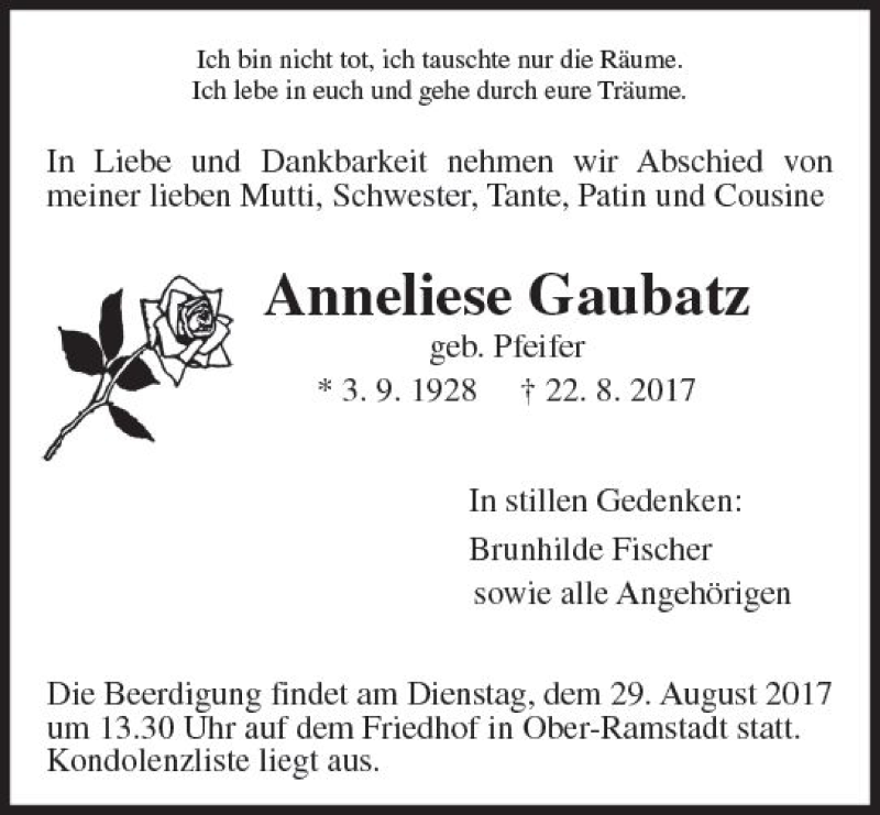  Traueranzeige für Anneliese Gaubatz vom 26.08.2017 aus Trauerportal Echo Online