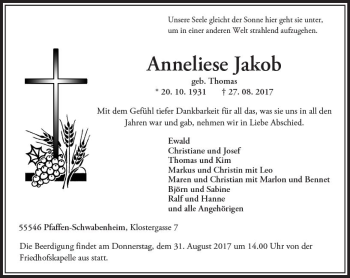 Traueranzeige von Anneliese Jakob von Trauerportal Rhein Main Presse