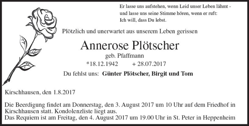  Traueranzeige für Annerose Plötscher vom 01.08.2017 aus Trauerportal Echo Online