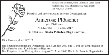 Traueranzeige von Annerose Plötscher von Trauerportal Echo Online