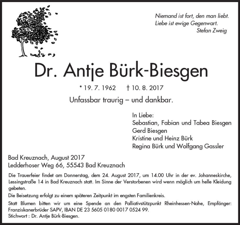  Traueranzeige für Antje Bürk-Biesgen vom 21.08.2017 aus Trauerportal Rhein Main Presse