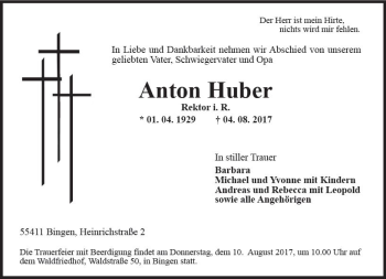 Traueranzeige von Anton Huber von Trauerportal Rhein Main Presse