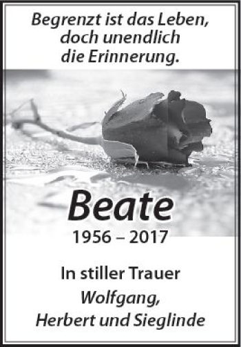 Traueranzeige von Beate  von Trauerportal Rhein Main Presse