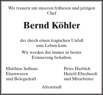 Traueranzeige von Bernd Köhler von  Kreisanzeiger