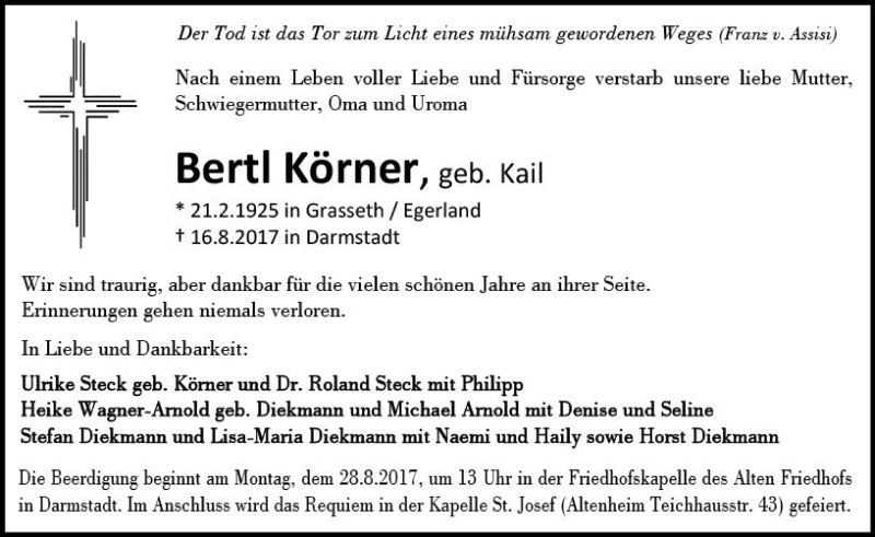  Traueranzeige für Bertl Körner vom 19.08.2017 aus Trauerportal Echo Online