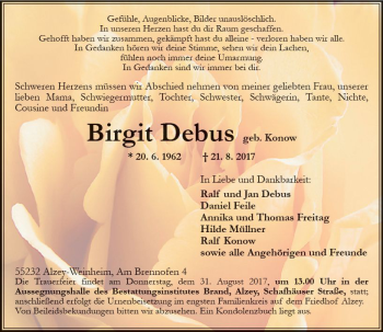 Traueranzeige von Birgit Debus von Trauerportal Rhein Main Presse