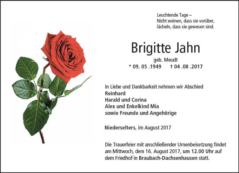  Traueranzeige für Brigitte Jahn vom 10.08.2017 aus  Camberger Anzeiger