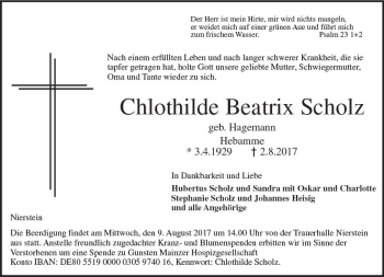 Traueranzeige von Chlothilde Beatrix Scholz von Trauerportal Rhein Main Presse