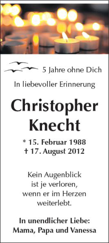 Traueranzeige von Christopher Knecht von  Kreisanzeiger