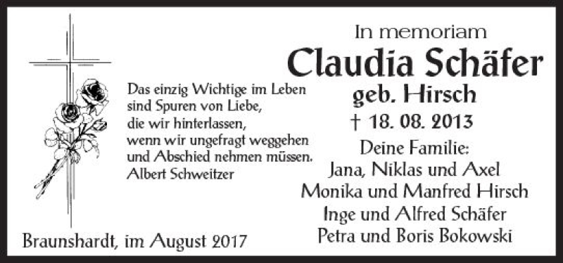  Traueranzeige für Claudia Schäfer vom 18.08.2017 aus Trauerportal Echo Online