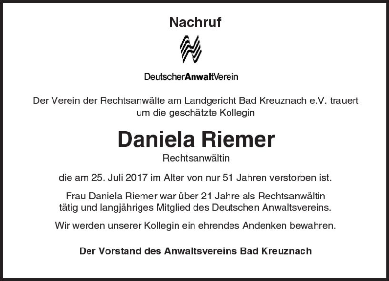  Traueranzeige für Daniela Riemer vom 26.08.2017 aus Trauerportal Rhein Main Presse