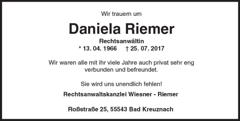  Traueranzeige für Daniela Riemer vom 03.08.2017 aus Trauerportal Rhein Main Presse