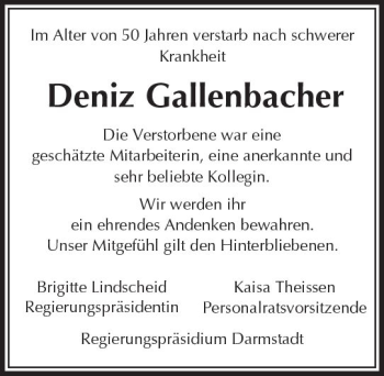 Traueranzeige von Deniz Gallenbacher von Trauerportal Echo Online