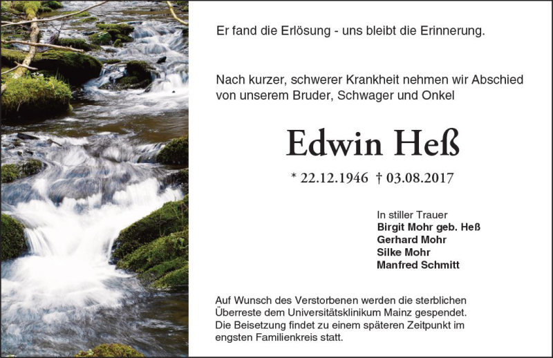  Traueranzeige für Edwin Heß vom 08.08.2017 aus Trauerportal Rhein Main Presse