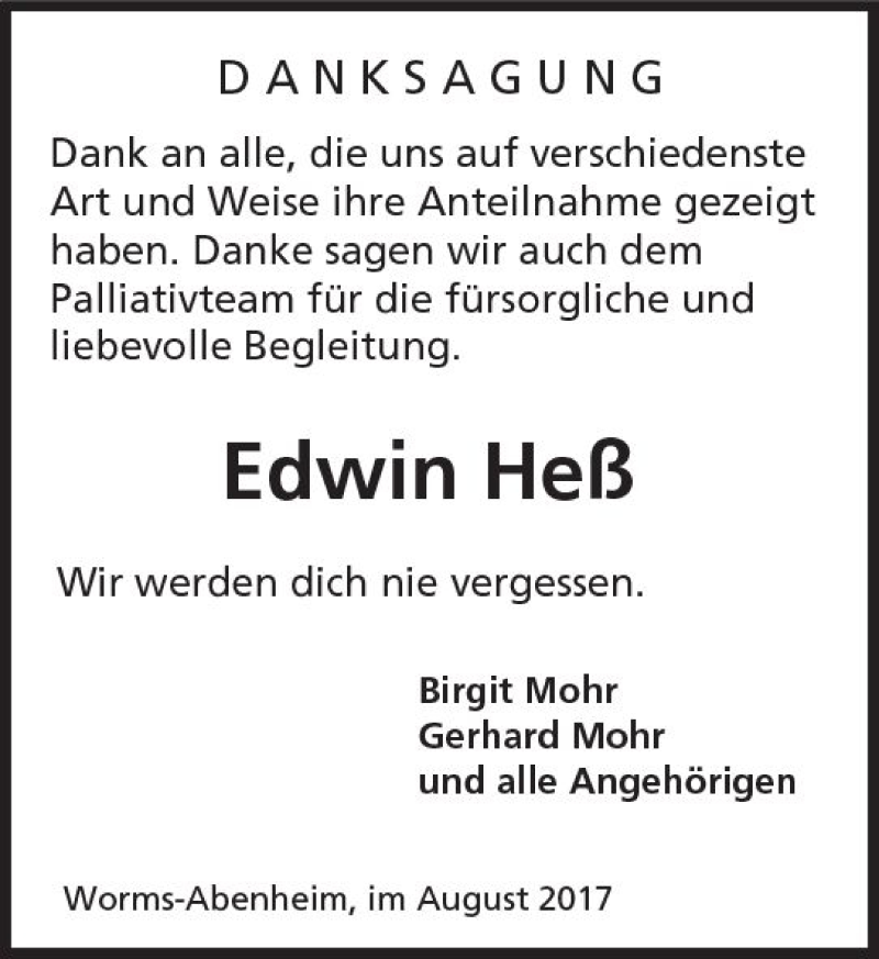  Traueranzeige für Edwin Heß vom 22.08.2017 aus Trauerportal Rhein Main Presse